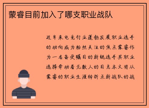 蒙睿目前加入了哪支职业战队