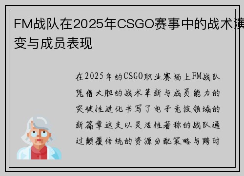 FM战队在2025年CSGO赛事中的战术演变与成员表现